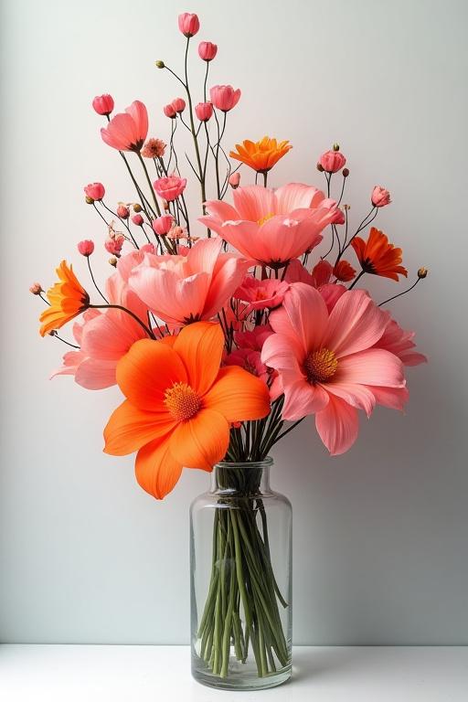 Modern, aszimmetrikus virágcsokor élénk színekkel.